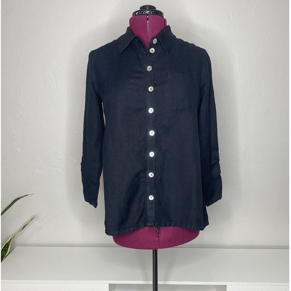 Soft Surroundings Button Down Women Small‎ Black Linen Back Zip High Low Shirt